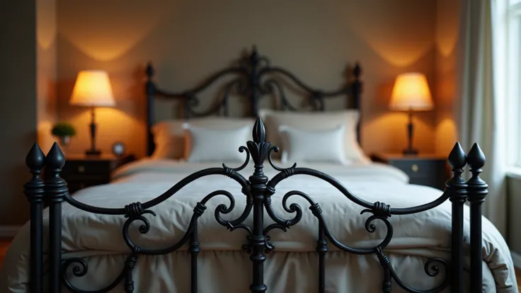 Wrought iron bed seen from the foot end