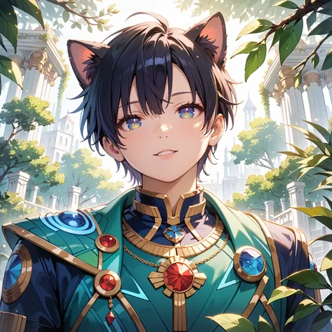 ultra quality, masterpiece, a boy with cat ears (lying on his back looking up) on a branch with his hands behind his head, his spiky black hair disheveled and his clothes faded, his tail swaying hanging from the branch casually, the tree with green leaves ...