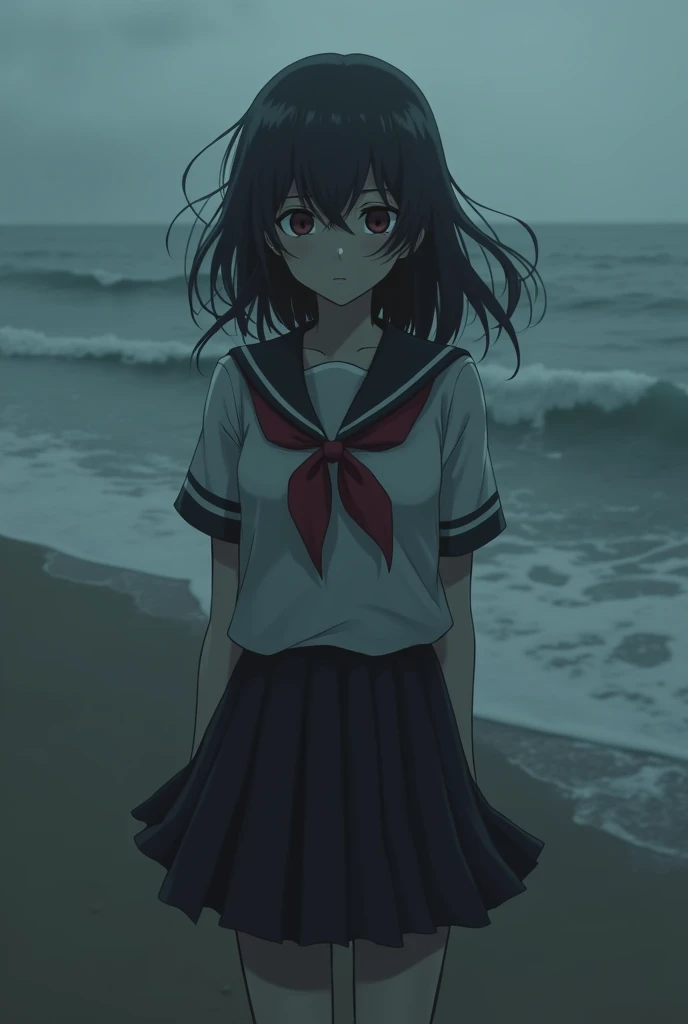 girl anime "another", In her dark school uniform, on the beach, a dark image