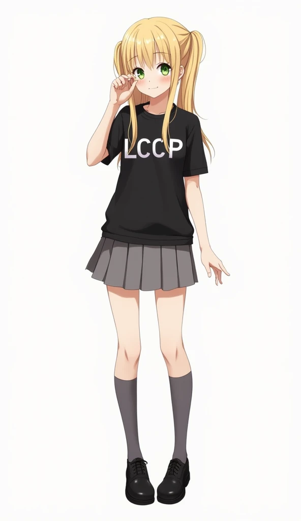 Animated teenage woman with long blonde hair with two pigtails and green eyes and wears a black t-shirt with LCCP text and medium long sleeves and a gray skirt and gray knee-length socks and black leather shoes with a white background and full body 