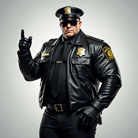 This is a high detaied photography of a muscular, imposing police officer standing in a confident pose against a plain, gradient background that transitions from light gray at the bottom to white at the top. The officer is dressed in a black leather police...