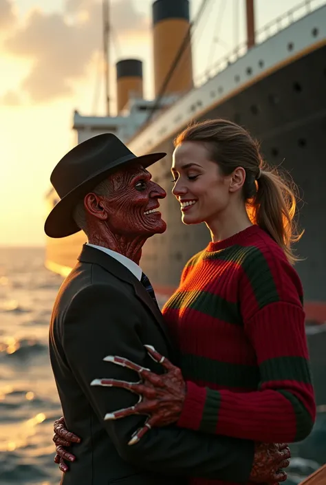  A hyper-realistic and highly detailed cinematographic photograph capturing Freddy Krueger and a beautiful modern humanoid AI on the bow of the Titanic in a surreal and iconic scene.

 Character details :

Freddy Krueger:  The infamous horror character wit...