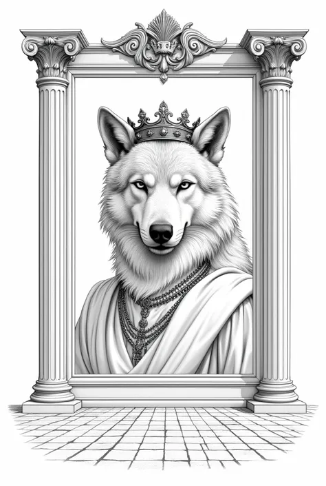 A realistic drawing outline ,  in black with thick lines and a white background without shading,  of an ornate frame depicting a graceful werewolfs face wearing a kings crown and white clothing, next to Greek columns ,  on a Roman mosaic floor  