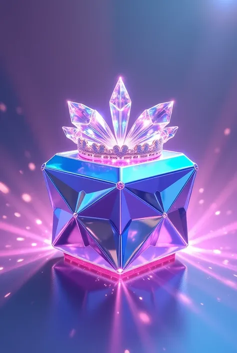 "Create a detailed illustration of a futuristic, diamond-themed square gift box with a sleek, metallic finish in iridescent hues of blue, purple, and pink. The square gift box should have a glowing aura and sharp, symmetrical edges, topped with a crystal-l...