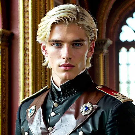 18-year-old Spanish prince, handsome, platinum blond hair, short straight side part haircut, shinning dreamy blue eyes, small waist, fair complexion, muscular, masculine, wearing a wet formal black leather military mess uniform, leather waistcoat, black le...