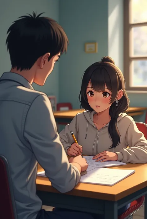 a teeneger who is studying in the table.  She is writing something. In the front of the a Male Teacher sitting in the chair and he tell her to slove the math