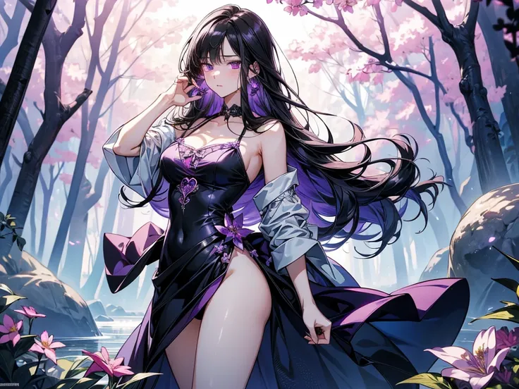 masterpiece, Best Quality , high resolution,Perfect light and shadow,8k wallpaper,illustration, ray tracing, a lovely girl ,black hair,Long straight hair, Purple Eyes,Full body portrait, Magical Girl,mini dress, bikini,Purple Gemstone,forest,stream,Sexy,fl...