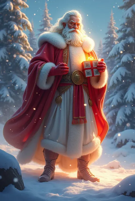  a handsome zeus , glowing, in the snow season , in a christmas suit ,  carrying a christmas present , money and a flag that says MAXWIN IN WOW388
