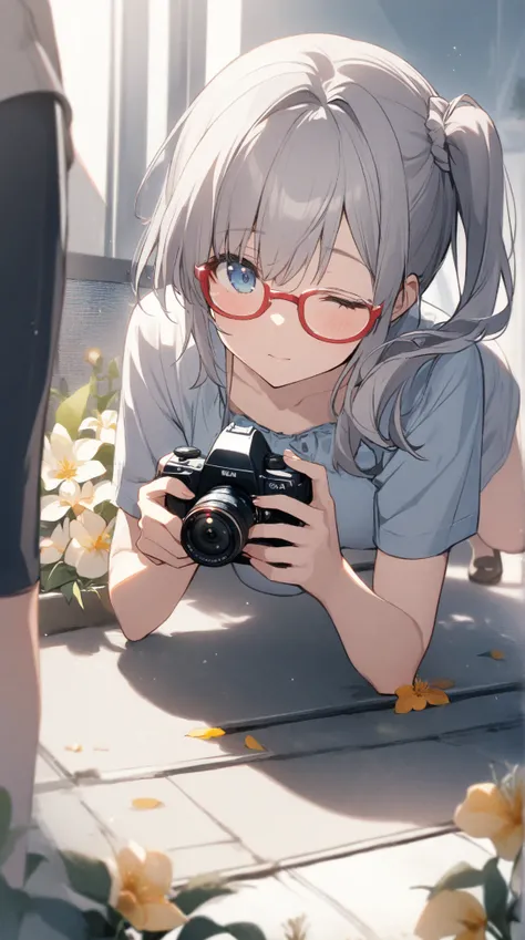 1 girl,  Grey Hair,   blue eyes, side ponytail, red rimmed glasses、Hold the camera、close one eye、prone、A flower in front of me、miniskirt、