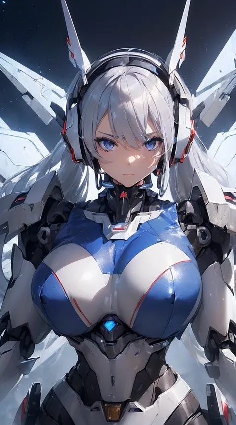 (( intense action pose :1.7))、(((Dual-Handed Weapon Style)))、(( Possession of a sword:1.6))、((Shining lenses on both breasts:1.3))、(( 3d rendering of character art in 8K with blue columns of light emitting from both chests ..:1.3))、smile、((8k)), ((32K)), (...