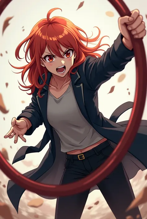 anime,2D,ambiguous gender,Ginger hair,red eye,black coat,pant black,Grey shirt,Hula hoop,Ring,Attack,angry