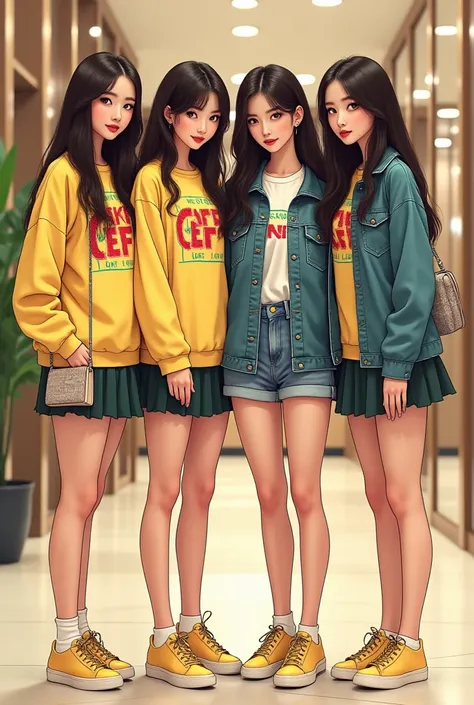 :  Draw 4 beautiful Korean women with little long hair in a bunch,  wearing a brooch standing posing thumb hand ok , in a room ,  in a mall wearing a light yellow sweatshirt with a striking design on the front , which reads 24K CEF "   Retro style bold jea...