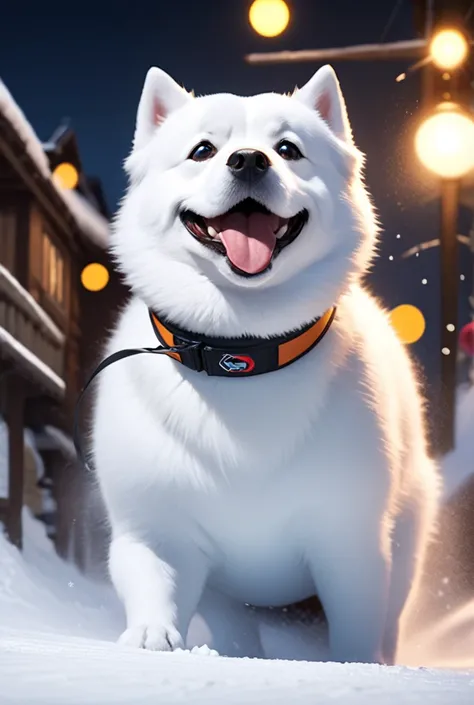 Create an image of a cute realistic dog riding a ski and hitting a snowman。