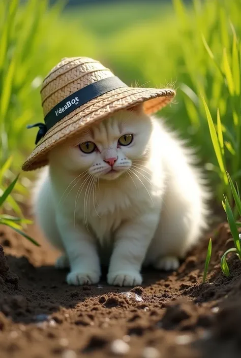 A plump white cat with fluffy, detailed fur, wearing a traditional Sundanese farmers outfit with a straw hat labeled "IdeaBot," stands in a lush green rice field under bright cinematic midday light. The cat is intently gazing at the muddy ground, where sub...