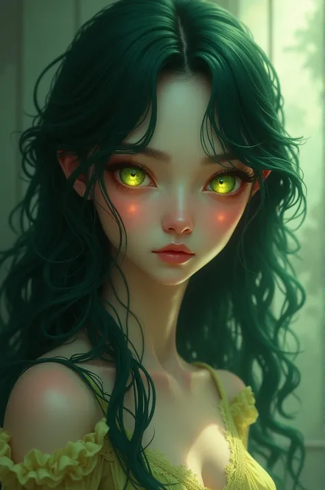 Girl with dark green hair and yellow eyes 