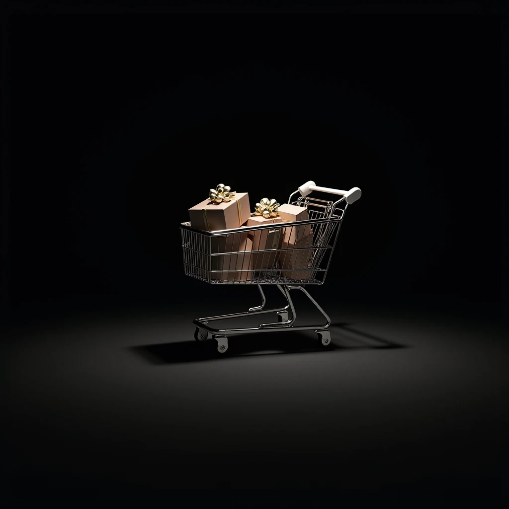 black background, 12 food supermarket trolley, 1 silver gift box, and 1 gold gift box (in 1 picture)