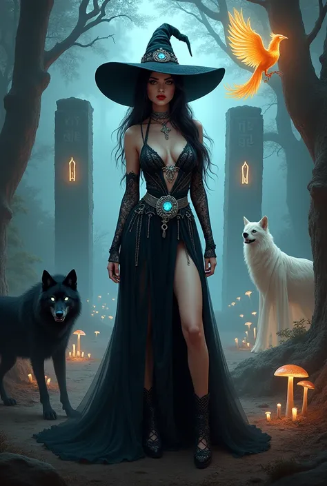 "A hyper-realistic, gothic fantasy full-body illustration of a strikingly beautiful and seductive witch standing in the center of a supernatural and mystical setting. The witch has flowing, jet-black hair cascading down her back, accentuated by a tall, poi...