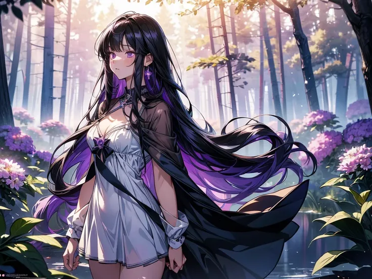 masterpiece, Best Quality , high resolution,Perfect light and shadow,8k wallpaper,illustration, ray tracing, a lovely girl ,black hair,Long straight hair, Purple Eyes,Full body portrait, Magical Girl,mini dress, bikini,Purple Gemstone,forest,stream,Sexy,fl...