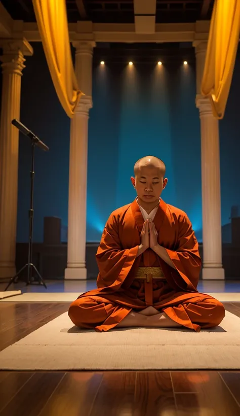 "An Asian monk wearing a traditional orange robe, sitting cross-legged in a serene meditation pose on a reflective floor. The scene is illuminated by colorful stage lights in the background, with a focused spotlight creating a dramatic effect. The monks ha...