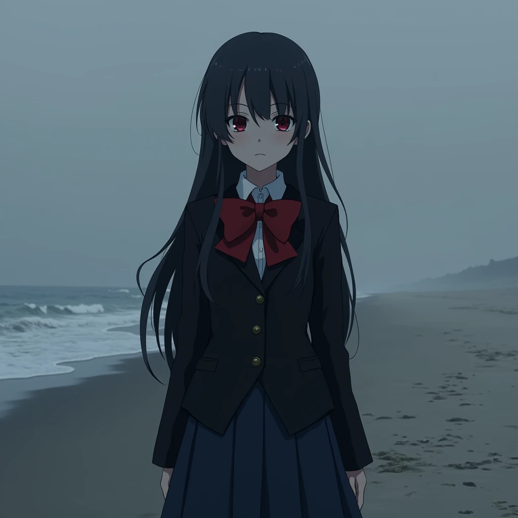 girl anime "another", In her dark school uniform A dark blue skirt, a black Japanese school jacket, a white shirt underneath, and a puffy red bow tie., on the beach, a dark image