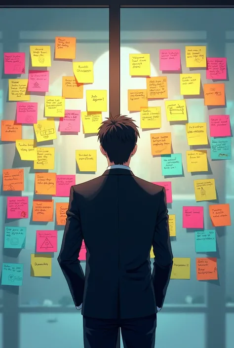 A professional setting with a man in a sleek black suit standing with his back to the viewer, intently observing a large glass wall covered entirely in colorful sticky notes. The sticky notes are vibrant, featuring a mix of bright pinks, yellows, oranges, ...