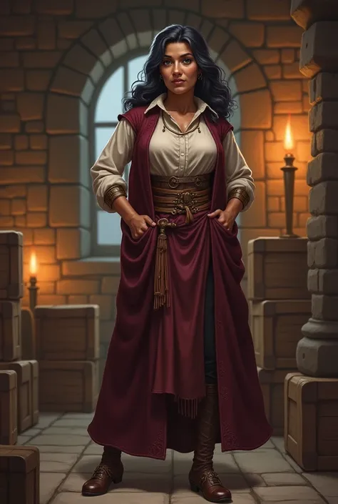   I want a detailed image of a fantasy character named Adela , the Owner of the Commercial Warehouse .  It is in a warehouse full of wooden boxes and looted loot that you plan to then sell. The warehouse should look like a fantasy ,  with stone walls and t...