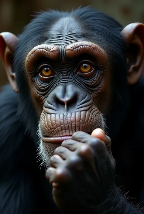 Close up portrait of a chimpanzee,  rests his chin on his fist, only her face and fist are visible .