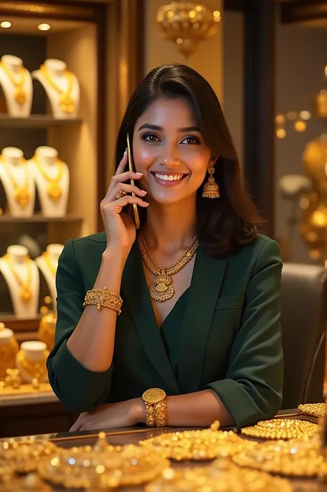 Hd image of lady Telecaller in gold jewellery store in kerala,calling in phone