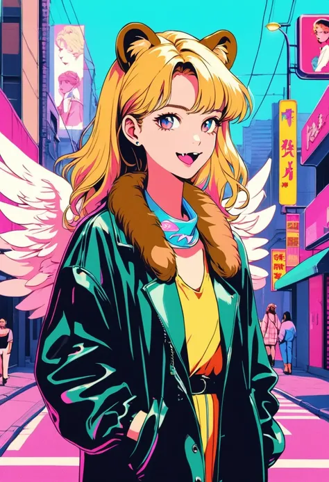 (masterpiece, best quality),Vaporwave style,90s anime style,,(An angel with lion ears).solo, blonde hair,beautiful girl,fashionable, (wearing brown fur around her neck) and has angel wings on her back.  (fang),cool face, walking on street,
have the style o...