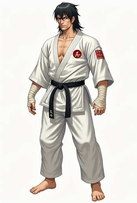 
character: kyokushin karate fighter physical size: athletic age: 38 years old hair: straight black, neck length clothing: slightly worn white gi, He uses his late fathers black belt as bandages on his hands and wrists. On the gi, there is the kyokushin sy...