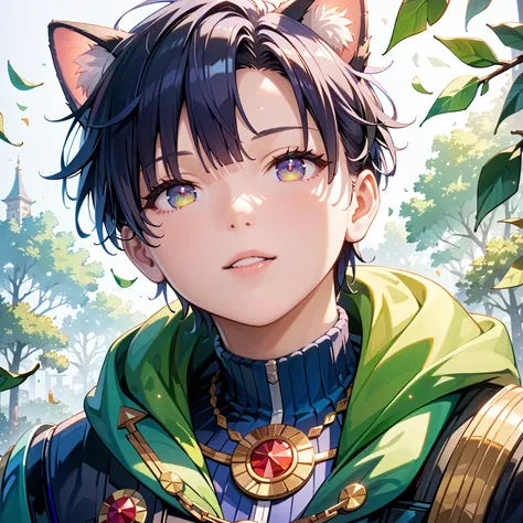 ultra quality, masterpiece, a boy with cat ears (lying on his back looking up) on a branch with his hands behind his head, his spiky black hair disheveled and his clothes faded, his tail swaying hanging from the branch casually, the tree with green leaves ...