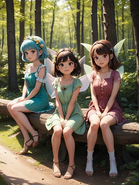 three little forest fairies, are sitting, short dresses