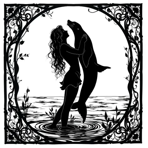 "A romantic silhouette of a woman just risen from the sea, with soft, flowing hair and a modest dress clinging gently to her form as she stands in the water. A seal rises alongside her, wrapping its body around her in an embrace, evoking a sense of protect...