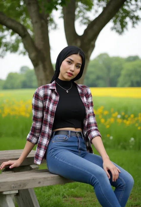 A beautiful indonesian woman, hijab, wearing unbuttones plaid shirt (black tight turtle neck t-shirt) and high waist tight jeans. Kets shoes, sitting and lean on the wooden bench at the meadow with colorful mini flowers under the big tree. look at the view...