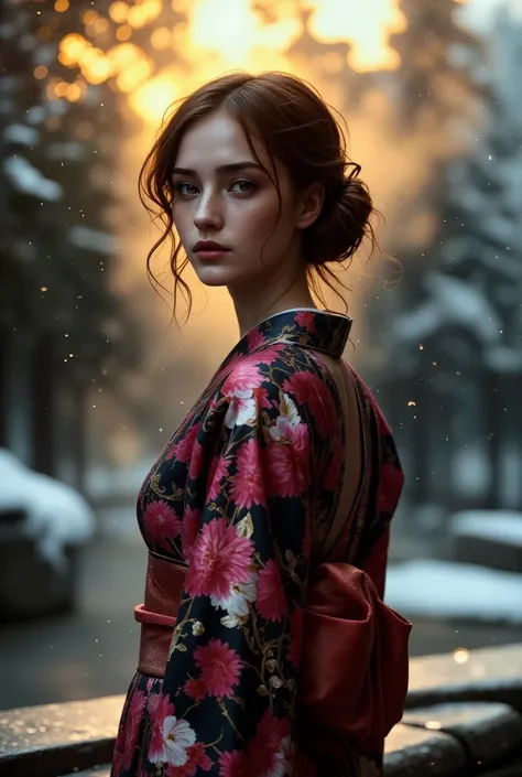 An award-winning 70s-style analog photograph of a beautiful Japanese woman standing gracefully near the edge of a steaming onsen during a tranquil Japanese winter. She wears an elegant yukata with intricate patterns of cherry blossoms, cranes, and waves in...