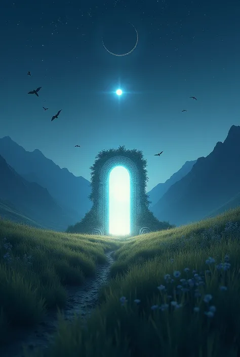 a glowing door in the middle of nowhere, long grass open field, mountains and birds in the background, starry night with small eclipse