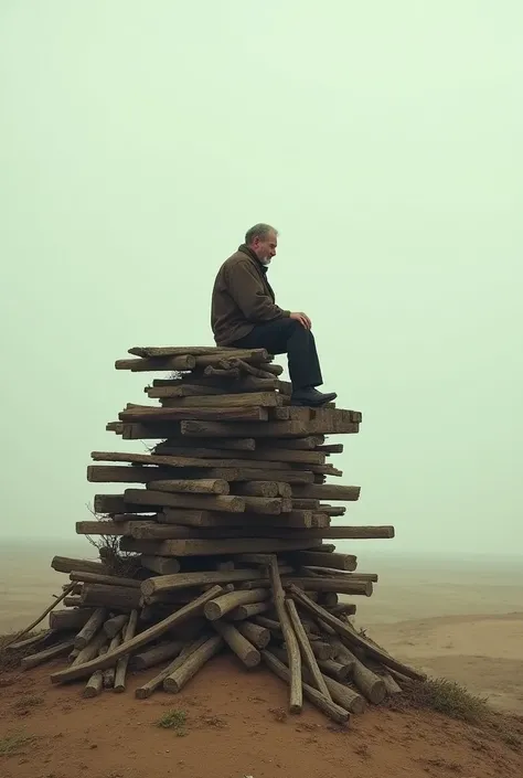 A lone figure, a middle-aged man, sits perched atop a haphazard pile of weathered wood. The vast expanse of the surrounding landscape dwarfs him, emphasizing his isolation.