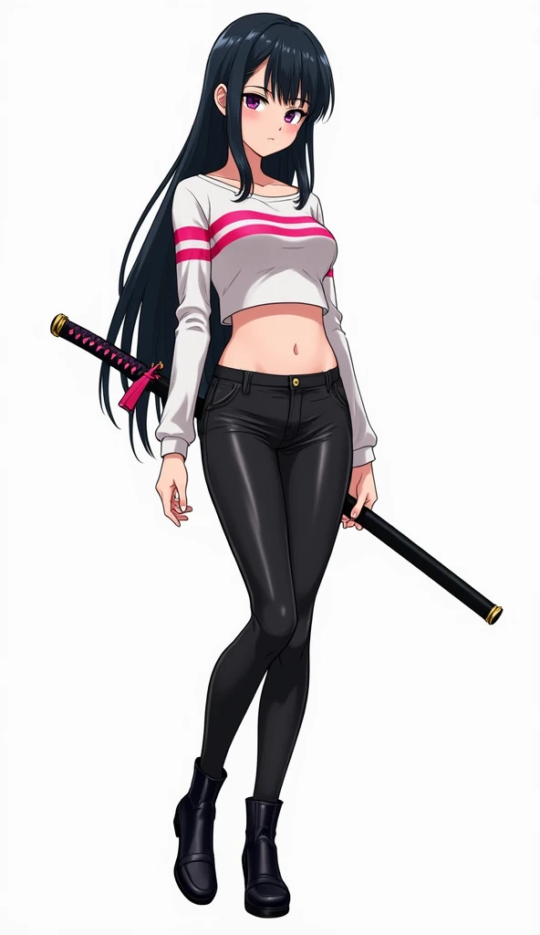 Japanese anime teen woman with long black hair and purple eyes and wears a long sleeve crop top with horizontal red and pink stripes, combined with tight pants made of material similar to leather or shiny black vinyl with black leather ankle boots and whit...