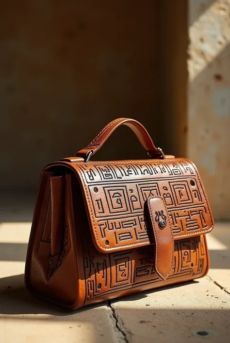 Womens bag with a design that draws its depth from the Sumerian civilization of Mesopotamia with embroideries engraved with Sumerian letters