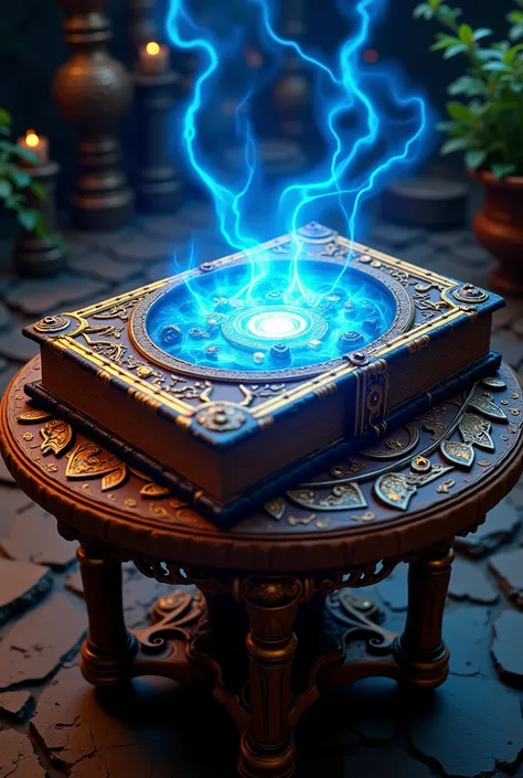 beautiful book, 500-page King ,  An ancient binding with subtle patterns on and runic signs that emit a bright blue glow, every detail of complex textures is clearly drawn,  Books exudes Magical light sweeping across the table as if enveloping him ,  is ly...