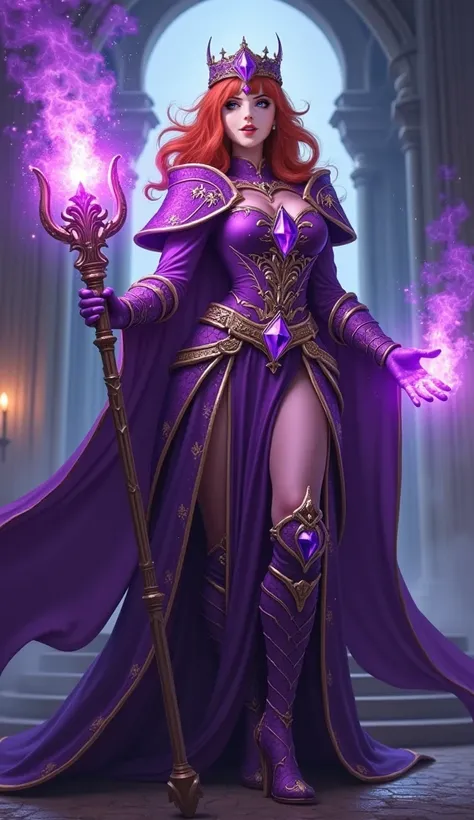 ((masterpiece,best quality)), ((same girl in the photo with same outfit and hairstyle)), ((She standing in Violet Citadel with a smile, as she can view in close up view, her fiery orange hair framing a striking figure adorned in regal attire)). ((A purple ...