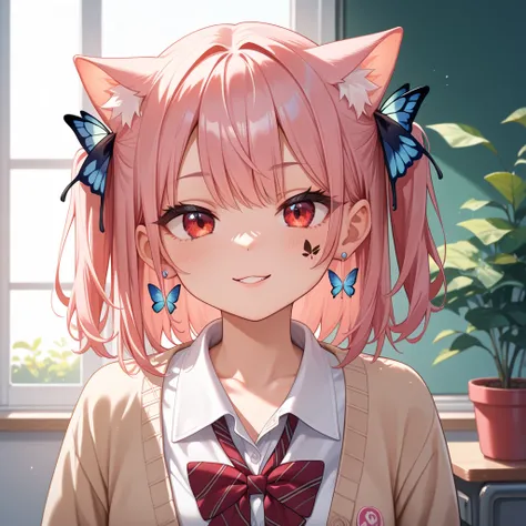 cat ear tail 　Red eyes with pink long two side ups、Small breasted girl,A worn-out cardigan　High School Uniform　 gal　 loose socks　 loafers without pants,Lots of earrings,butterfly tattoo on cheek ,Crouch