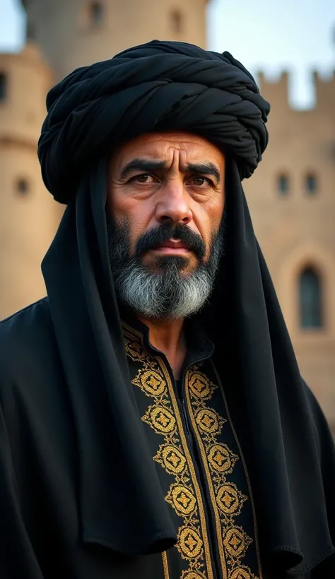 This is Hassan Sabah, a 65-year-old historical figure from Iran, depicted with a commanding presence. He has a medium skin tone, a full beard, and a neatly groomed mustache. His face carries deep, thoughtful expressions, with piercing dark eyes that reflec...