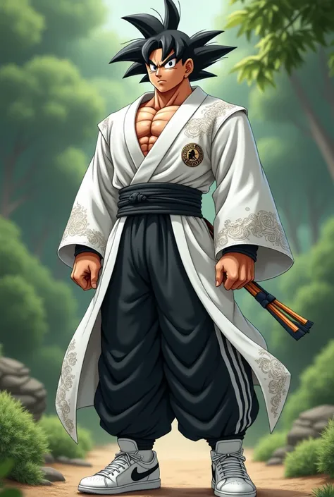 Goku with white wedding from Nike and black pants from Adidas and white sneakers from Nike 