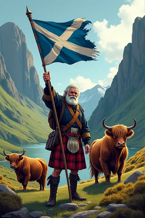 Create an illustration like comic book about Highlands landscapes with Scottish cows and a Scottish man dressing a kilt and a Scottish flag