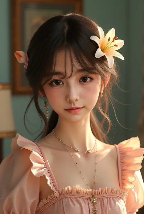 A pretty teen girl, lovely, realistic, cheerful, smile, pale white skin, silk smooth dark brown hair, with bang, wearing a lolita dress, sweet pastel colors, holding Lilly flowers, lilly on hair, high quality, ultra-detailed, masterpiece, cinematic lightin...