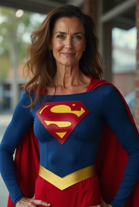  Old (1984s Helen Slater Supergirl movie costume(((Supergirl 50 years old)  (((very beautiful old Superwoman (())) Julie Hagerty))) Super woman Julie Hagerty; confident, powerful, indestructible, attractive; 1.70 tall, 70+ kg, long brown hair, big and firm...