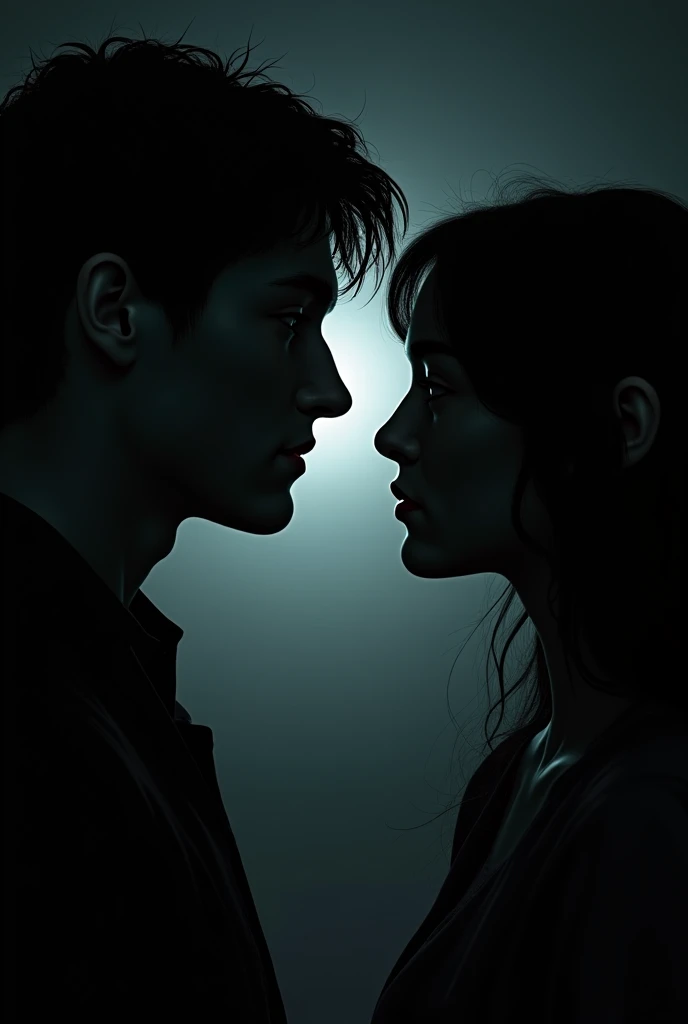  The darkened face in profile of Draco Malfoy and that of Selene  (dark hair) , the face in a darkened profile lower than Draco that look at each other deeply. Dietro di loro la luce e ldarkness (light Selene  ) darkness (Draco Malfoy)