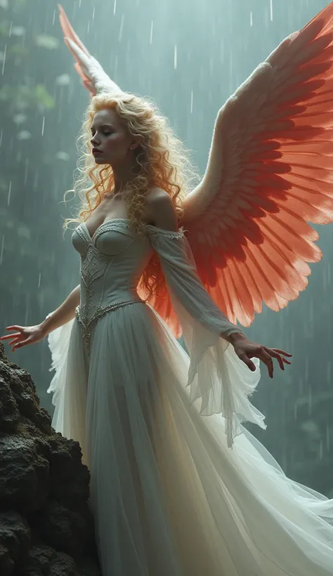 Beautiful princess with curly blonde hair and light red wings flying in a cliff, huge wings, white fantasy outfit rainy background, dark color  looking at the sky sadly, Masterpiece, Anatomically Correct, High Details, Super Detailed, Textured Skin, Bangs,...