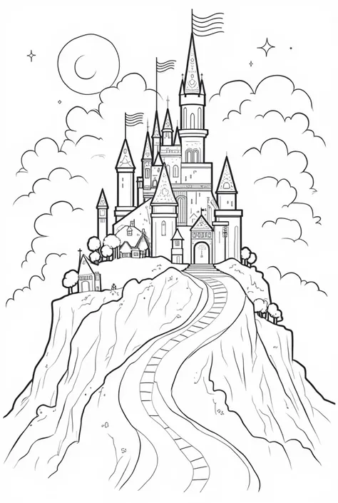 Draw a large castle perched on a hill surrounded by swirling clouds. The castle should have tall spires, flags flying in the wind, and intricate patterns on its walls. Add a winding pathway leading up to the castle with small lanterns lighting the way. At ...